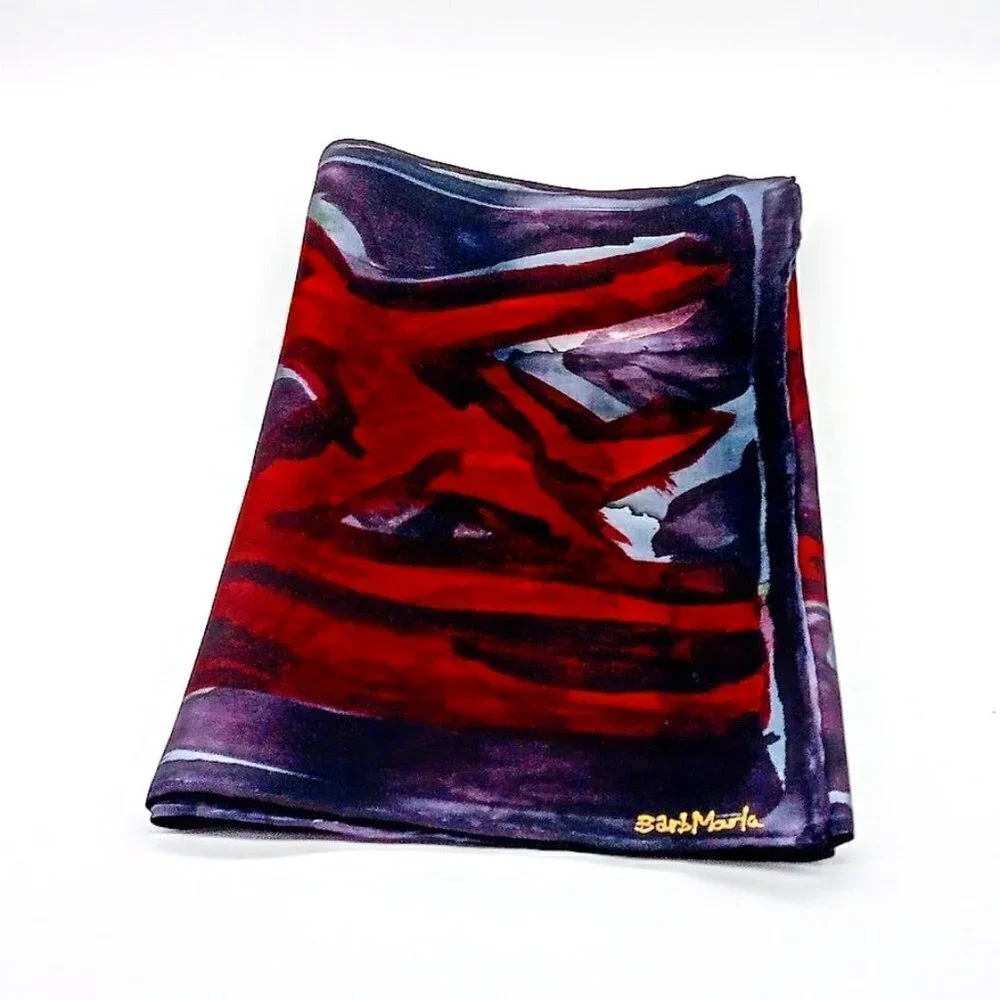 Hand-Painted Barb Marla Black Red Grey Silk Oblong Scarf